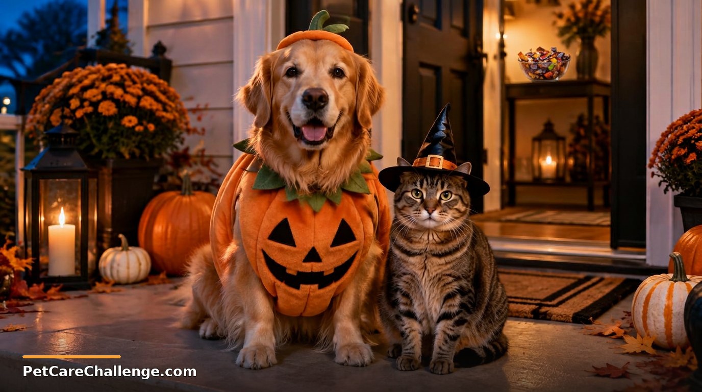 Golden retriever in a pumpkin costume and tabby cat in a witch hat on a warm Halloween porch, with candy safely out of reach inside