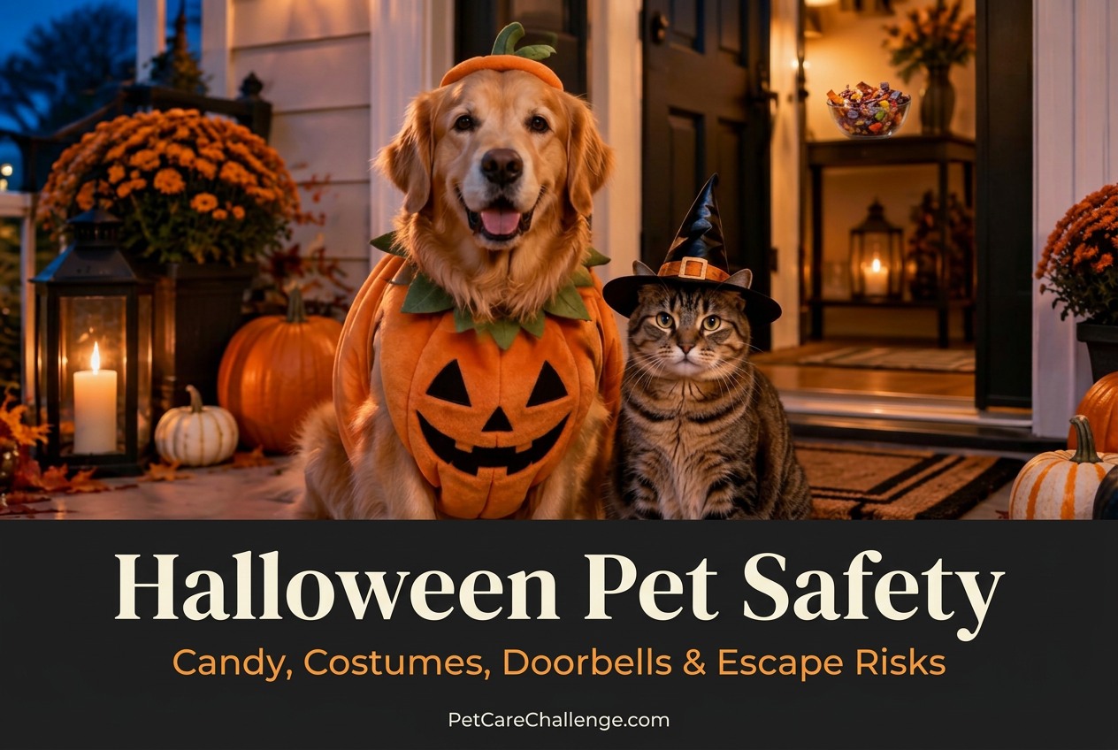 Golden retriever in a pumpkin costume and tabby cat in a witch hat on a Halloween porch, with candy kept safely out of reach indoors